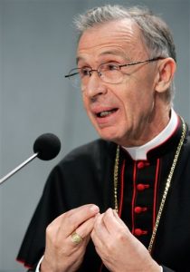 Monsignor Luis Francisco Ladaria Ferrer, Secretary of the Congregation for Doctrine and Faith answers questions, during a press conference on bioethics, at the Vatican press room, Friday Dec. 12, 2008. The Vatican raised its opposition to embryonic stem cell research, the morning-after pill, in vitro fertilization and human cloning to a new level Friday in a major new document on bioethics. But in the document, the Vatican also said it approved of some forms of gene therapy and encouraged stem cell research using adult cells. And it said parents could in good conscience inoculate their children with vaccines produced with cells derived from aborted fetuses. (AP Photo/Riccardo De Luca)