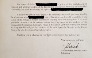 A letter dated Oct. 11, 2006 from Archbishop Leonardo Sandri, then substitute for the Vatican Secretariat of State, to Father Boniface Ramsey references a Nov. 2000 letter Father Ramsey had written to Archbishop Gabriel Montalvo, Vatican nuncio to the United States, warning about sexual abuse committed by Archbishop Theodore E. McCarrick. The letter, scanned and released by Father Ramsey to Catholic News Service Sept. 7, confirms past remarks by Father Ramsey and also confirms elements of the Aug. 26 testimony by Archbishop Carlo Maria Vigano, former nuncio to the United States. (CNS photo/courtesy of Father Boniface Ramsey) See MCCARRICK-SANDRI-RAMSEY Sept. 7, 2018. EDITORS: Name of priest redacted by Father Ramsey and CNS.