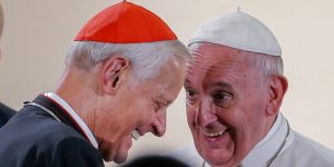 Pope Francis (R) laughs with Cardinal Donald Wuerl after arriving to visit St. Patrick's church in Washington DC, September 24, 2015. REUTERS/Erik S Lesser/Pool